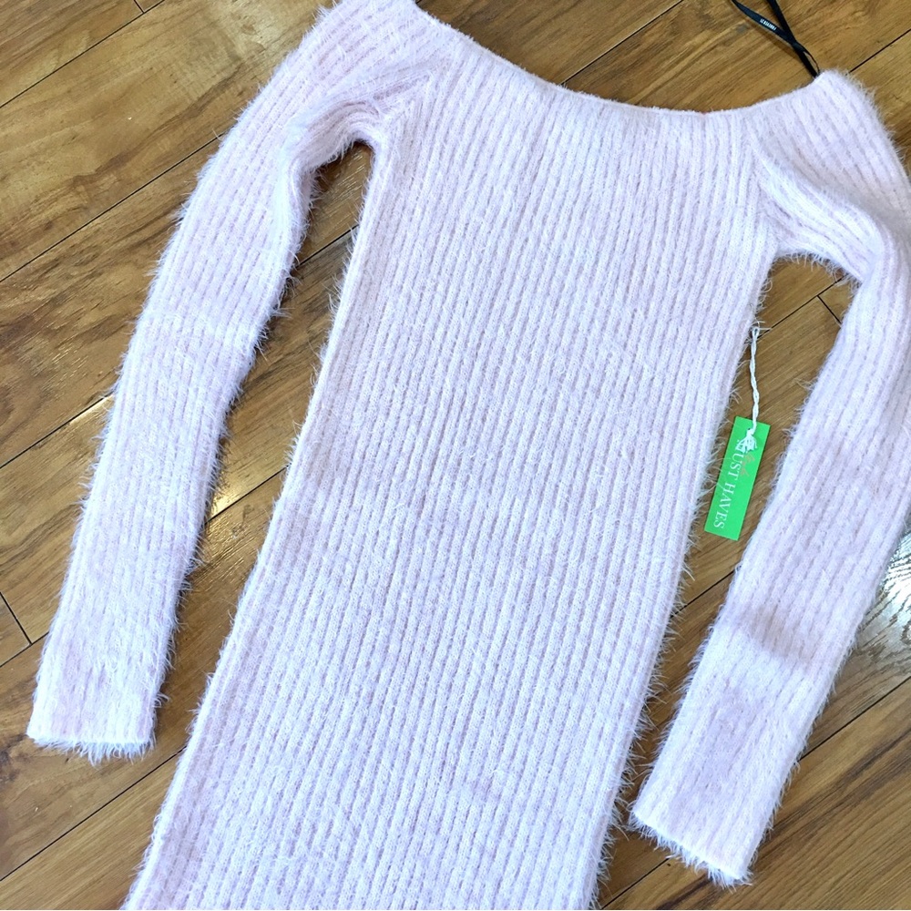 Pink new tag ribbed knit sweater dress form fitting soft long sleeve min…